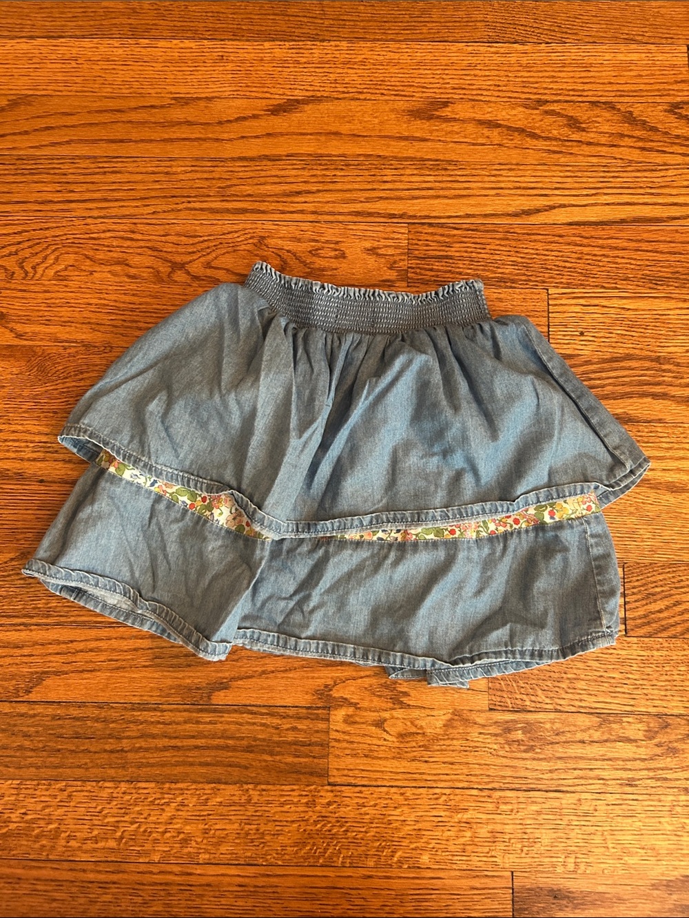 Mini Boden Denim Tiered Skirt with Floral Trim - Blue